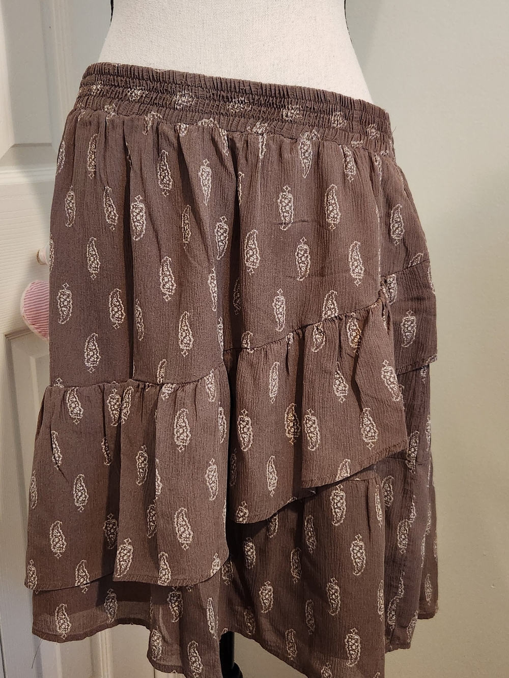 Garnet Hill Brown Ruffled Silk Skirt Paisley Tiered Skirt